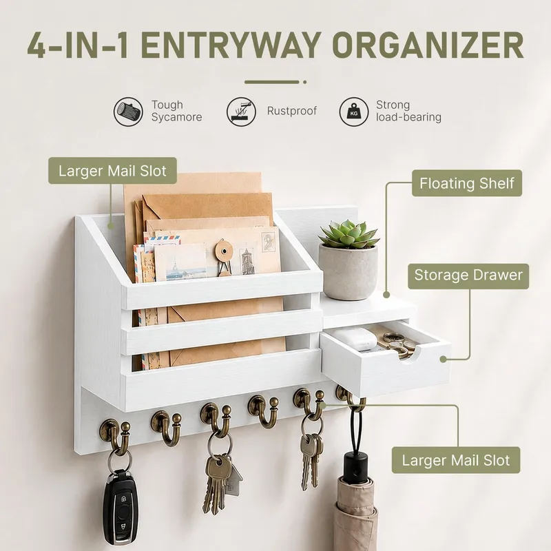 FifthQuarter Cute Rustic Farmhouse Wooden Key Hanger