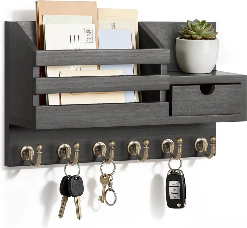 FifthQuarter Key Holder Wall Mount with Drawer and 6 Sturdy Hooks